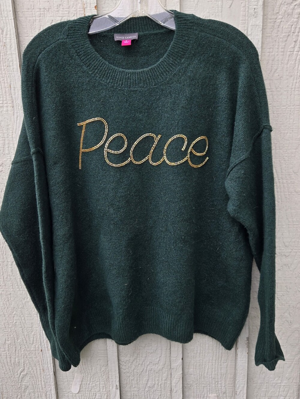 Vince Camuto Forest Green Beaded Peace Script Pullover Sweater